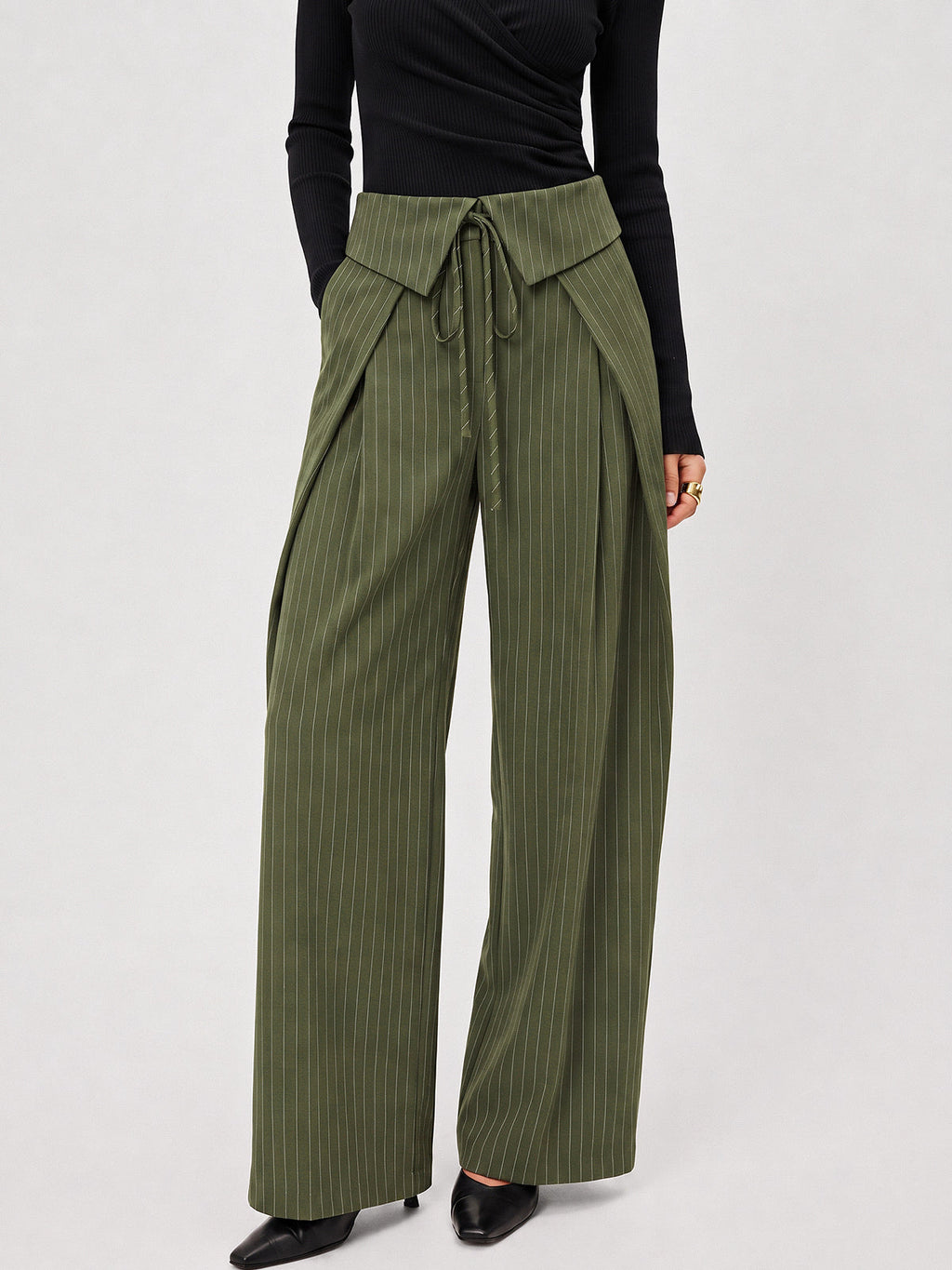 Fold-Over Rayas Pierna Ancha Pantalón