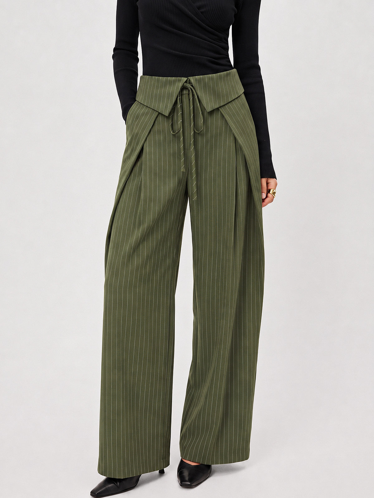 Fold-Over Rayas Pierna Ancha Pantalón