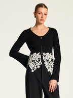 Floral Encaje bajo Zip frontal Ribbed Punto Top