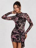 Floral malla Cuello Alto Tie-Detalle Minivestido