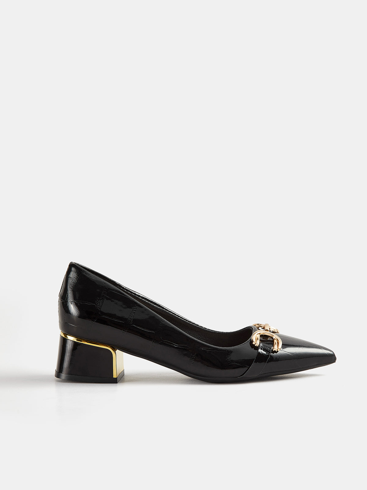 Metálico Hebilla Pointed Toe Block Heel Pumps