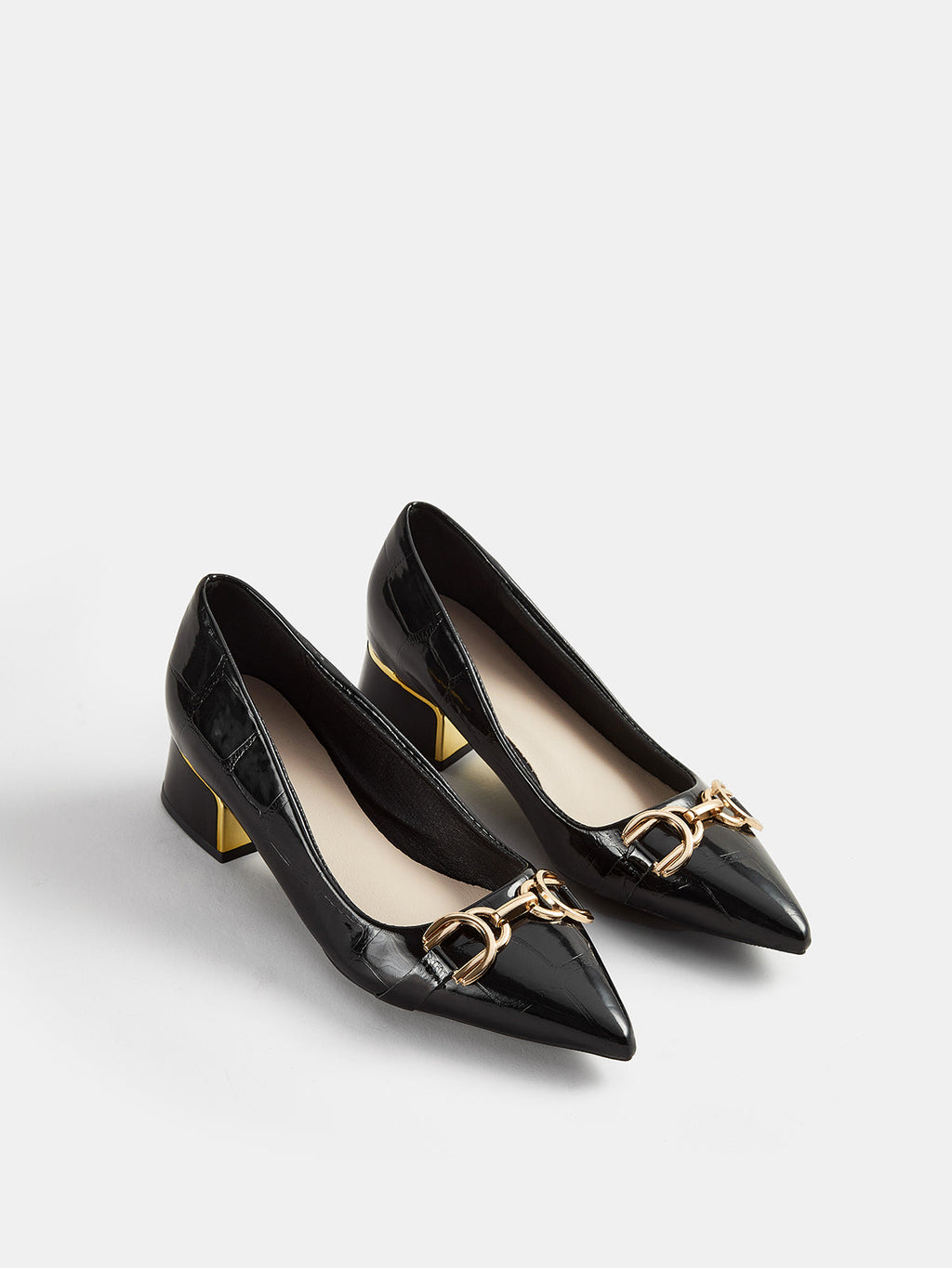Metálico Hebilla Pointed Toe Block Heel Pumps