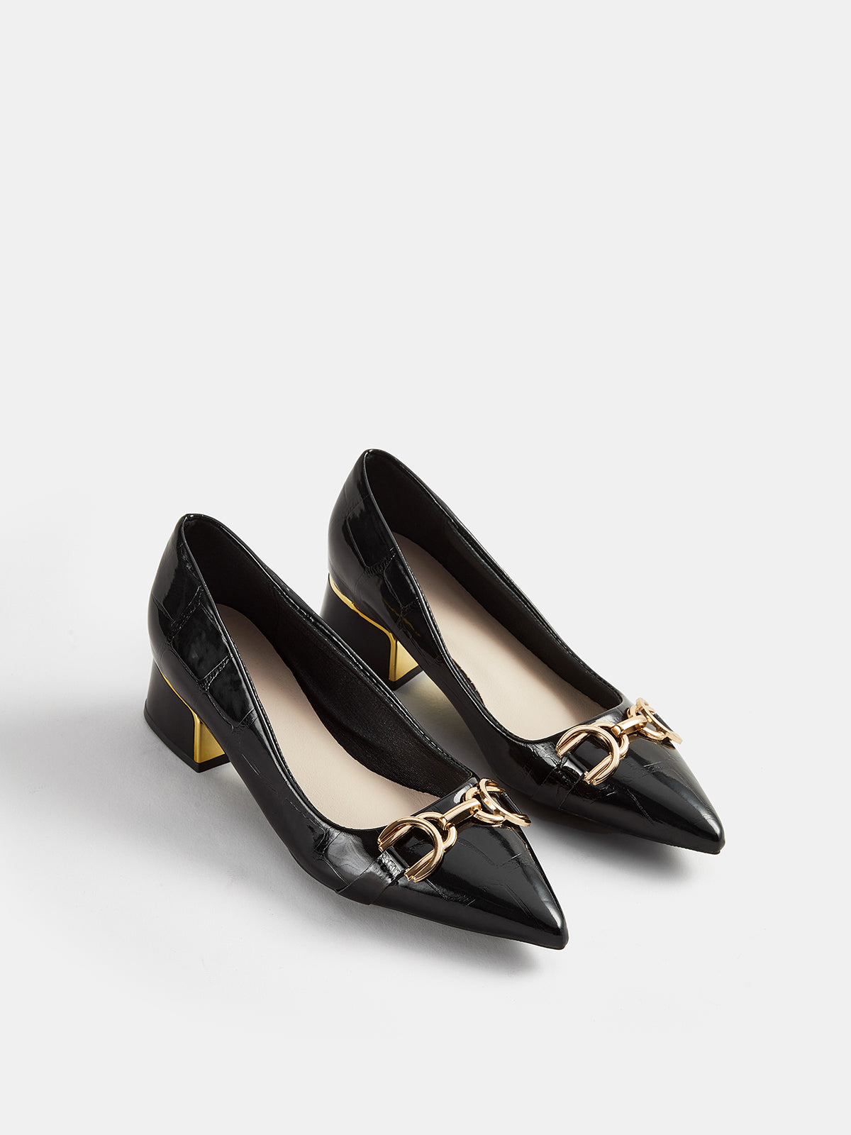 Metálico Hebilla Pointed Toe Block Heel Pumps