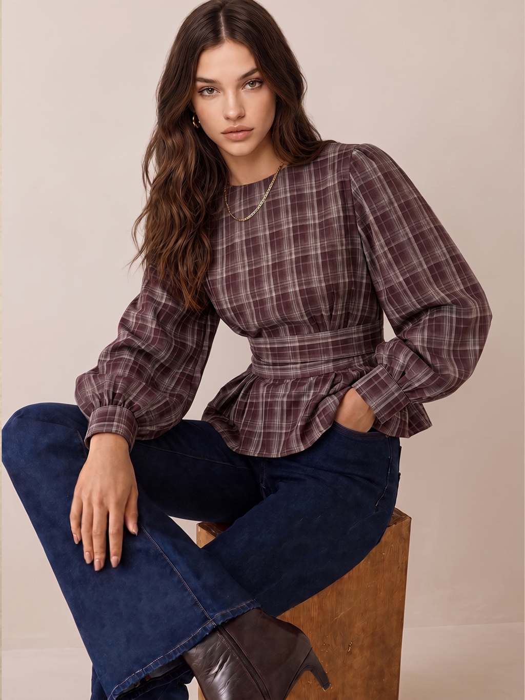 Tie-espalda Cuadros Puff manga Peplum Top