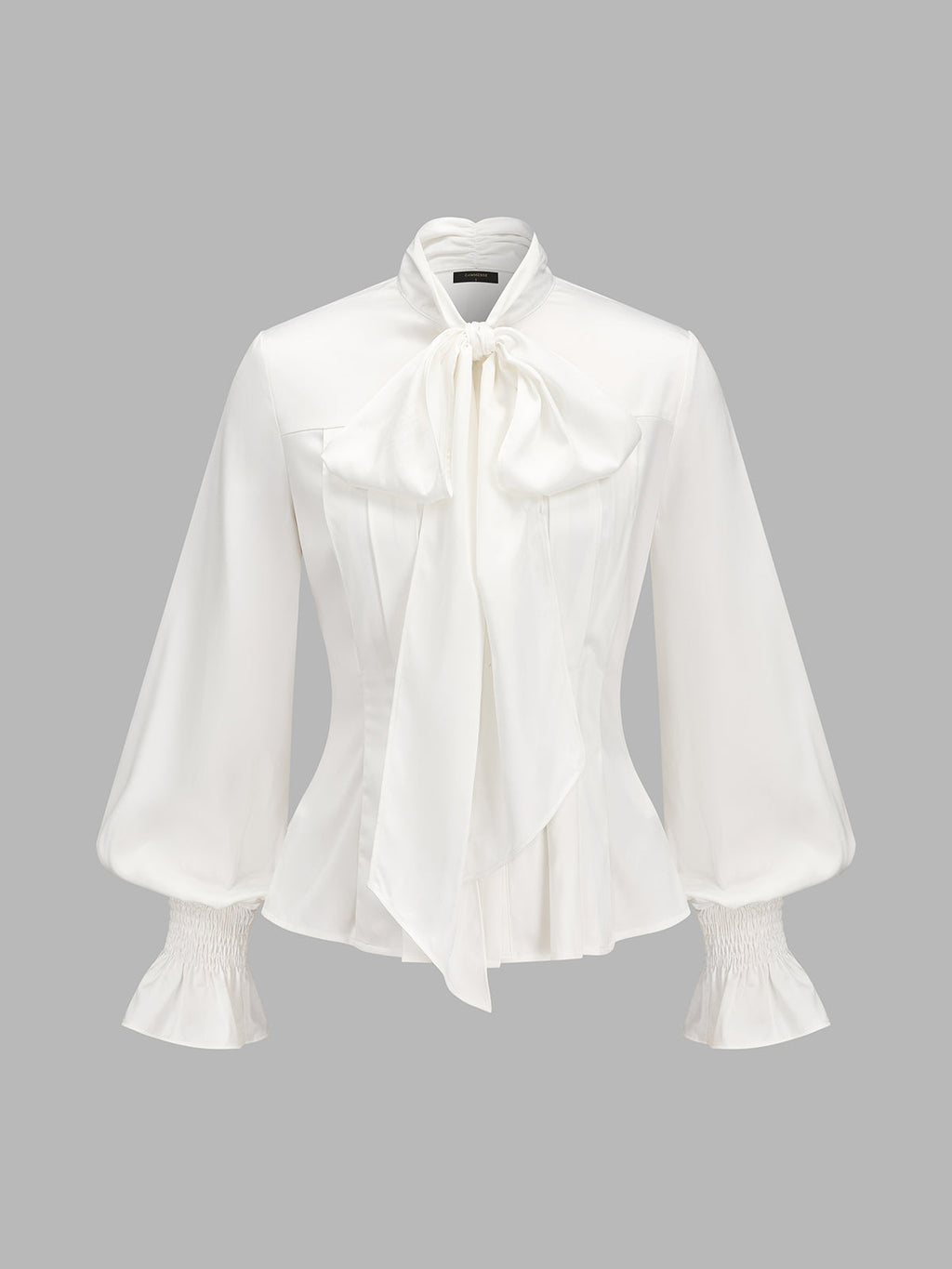 Lazo Tie cuello Smocked Flare Cuff Satinado Blusa