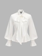 Lazo Tie cuello Smocked Flare Cuff Satinado Blusa