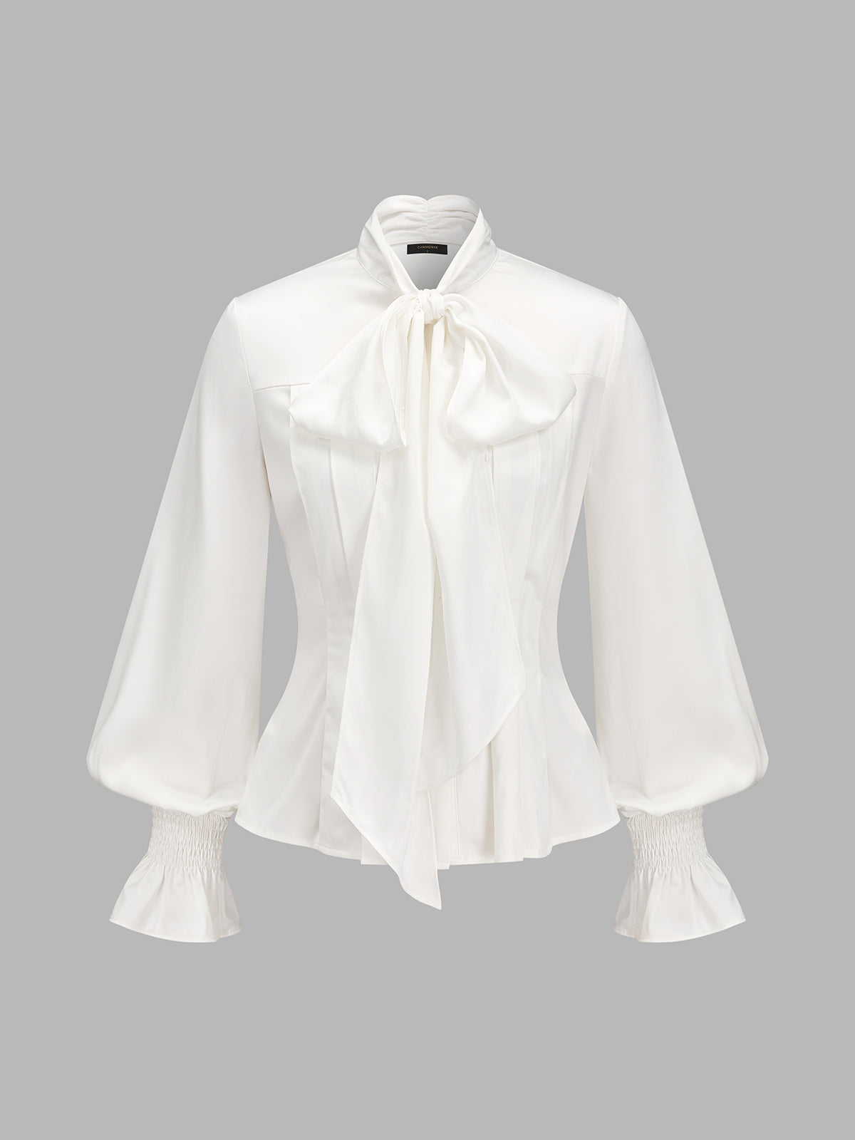 Lazo Tie cuello Smocked Flare Cuff Satinado Blusa