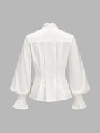 Lazo Tie cuello Smocked Flare Cuff Satinado Blusa