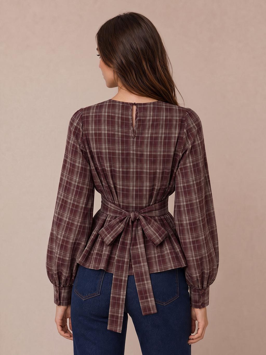 Tie-espalda Cuadros Puff manga Peplum Top