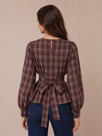 Tie-espalda Cuadros Puff manga Peplum Top