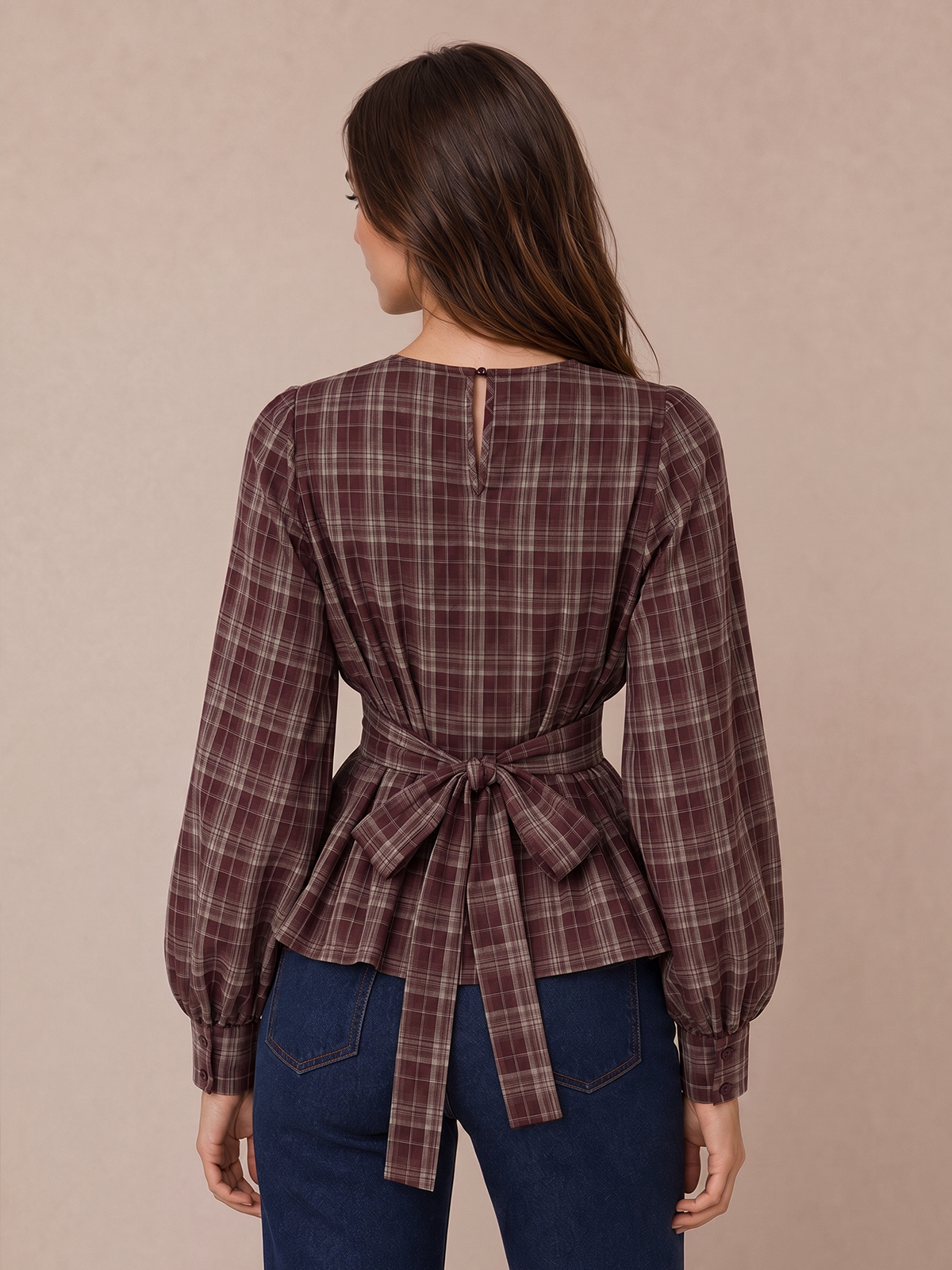 Tie-espalda Cuadros Puff manga Peplum Top