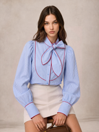 Contraste Piping Lazo cuello Rayas Blusa