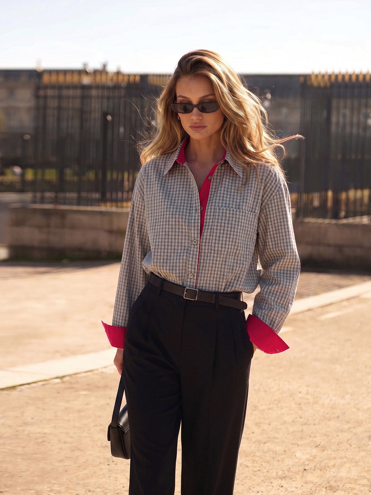 Ribete en Contraste Cuadros Oversize Camisa
