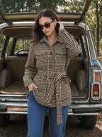 Houndstooth con Cinturón cintura Camisa Chaqueta