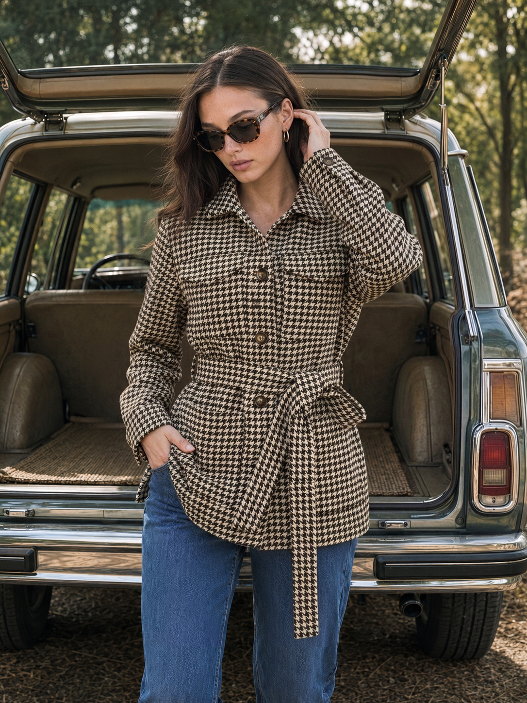 Houndstooth con Cinturón cintura Camisa Chaqueta