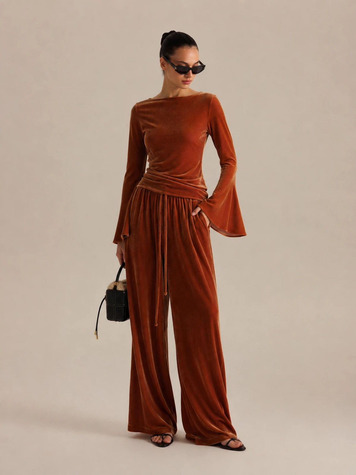 Terciopelo Flare-manga Top & Drawstring Pantalón Set