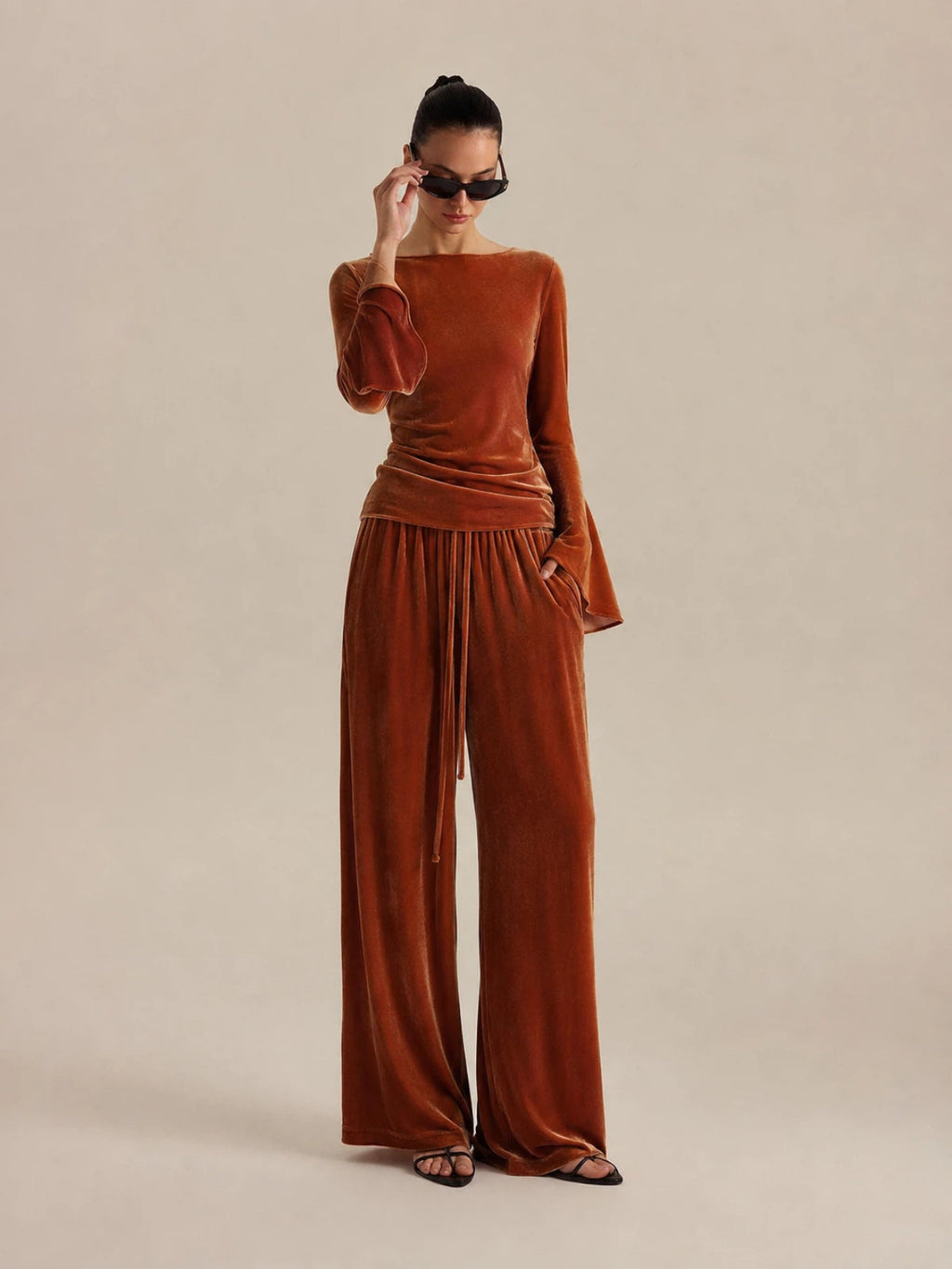 Terciopelo Flare-manga Top & Drawstring Pantalón Set
