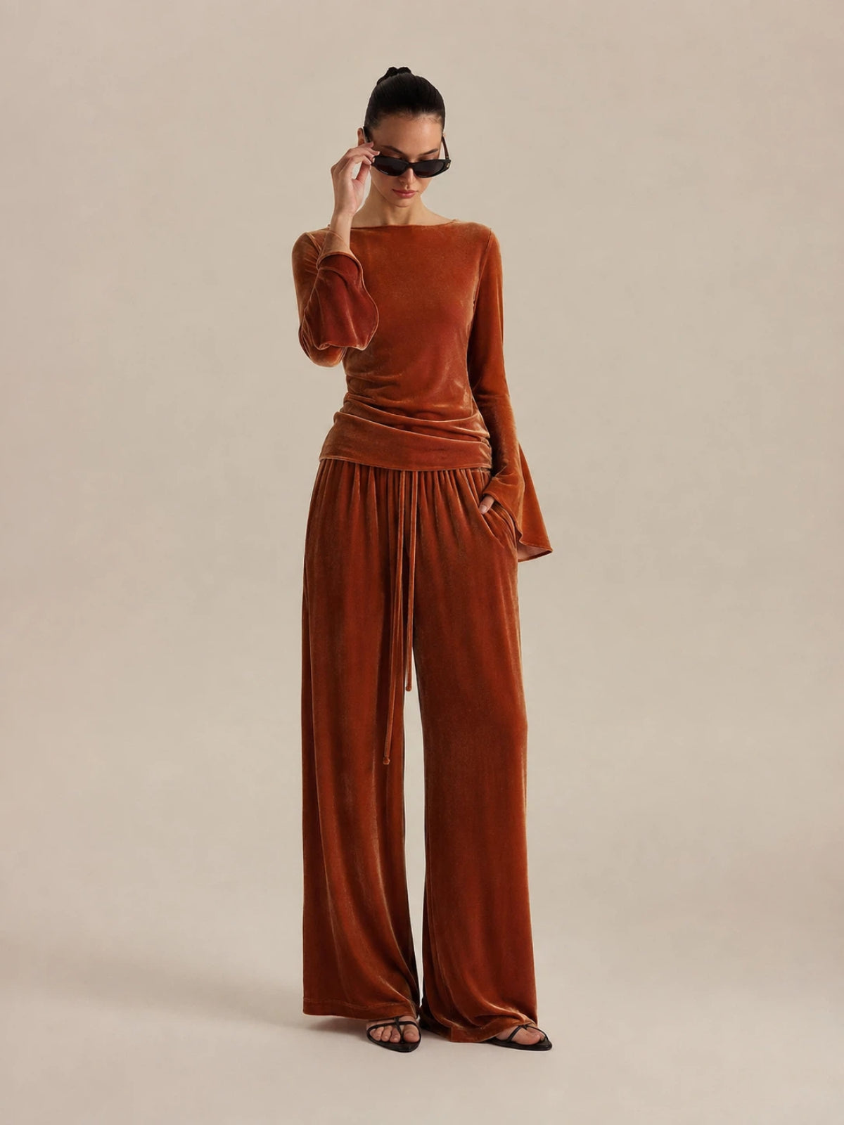 Terciopelo Flare-manga Top & Drawstring Pantalón Set