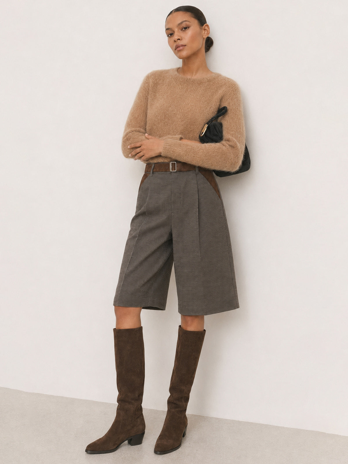 Faux-Ante Patch Checked con Cinturón Bermuda Shorts