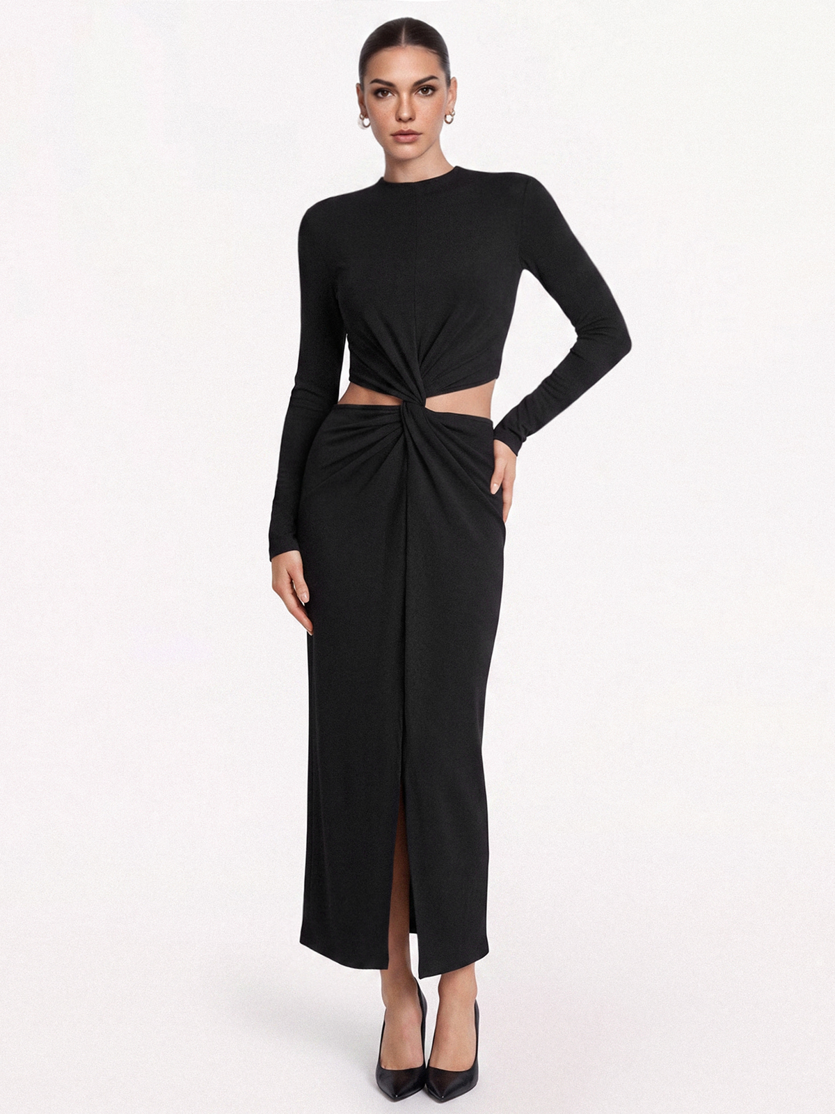 Manga Larga nudo Cut-Out Slit Vestido Largo