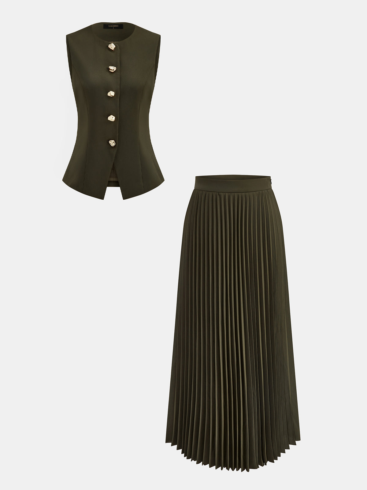 Botones Metálicos Chaleco Plisado midi Falda Set