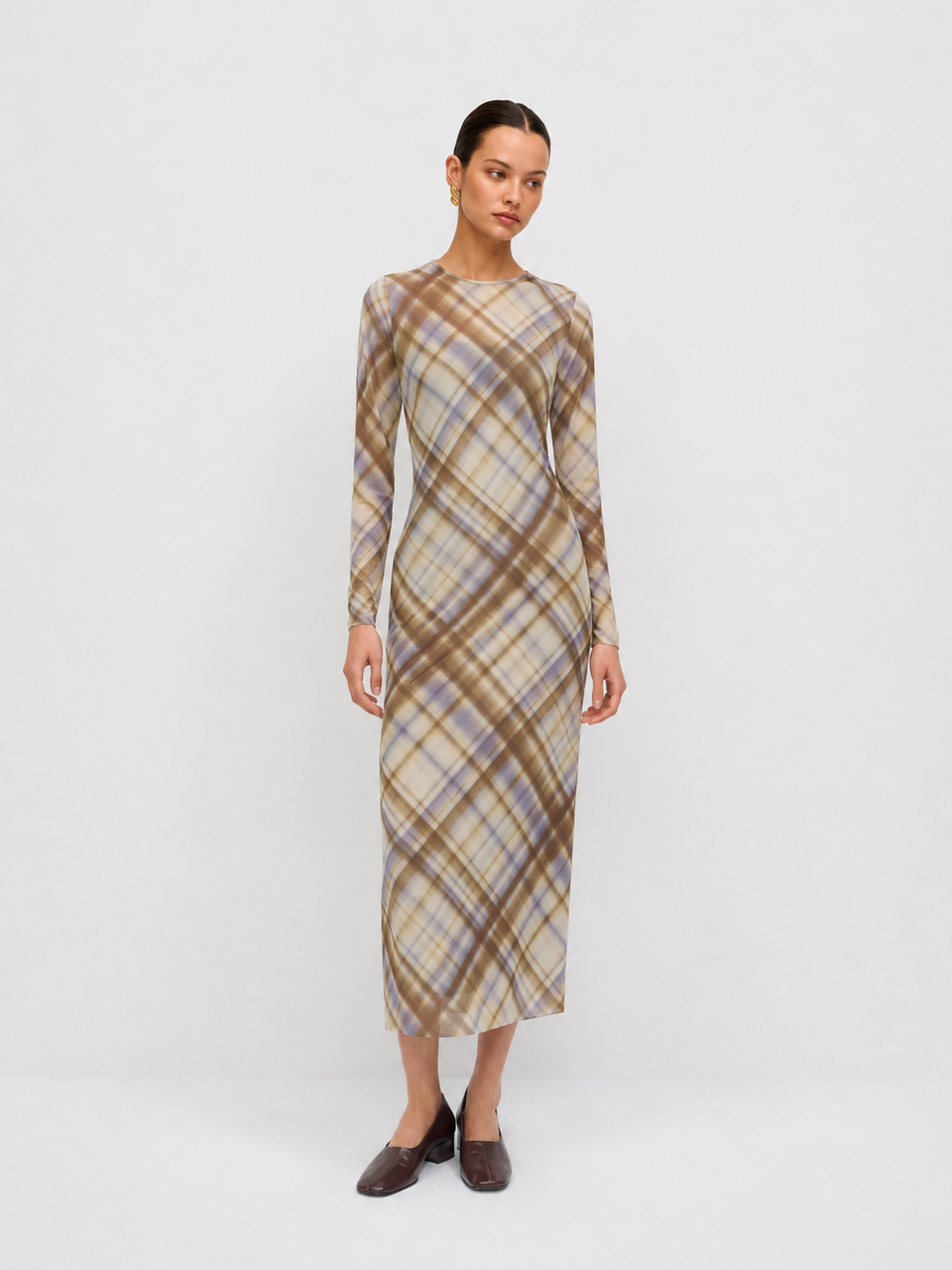 Cuadros Manga Larga Entallado Vestido midi