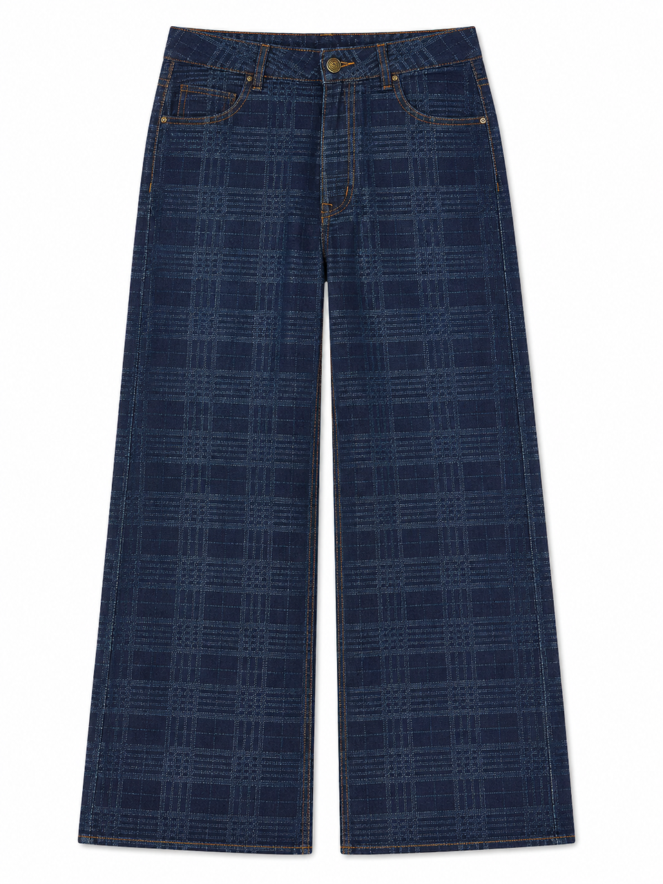 Check Jacquard Tiro Alto Pierna Ancha Jeans