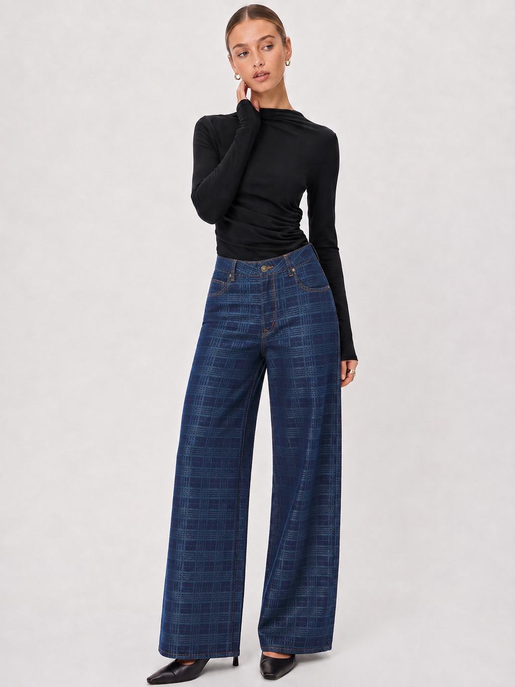 Check Jacquard Tiro Alto Pierna Ancha Jeans