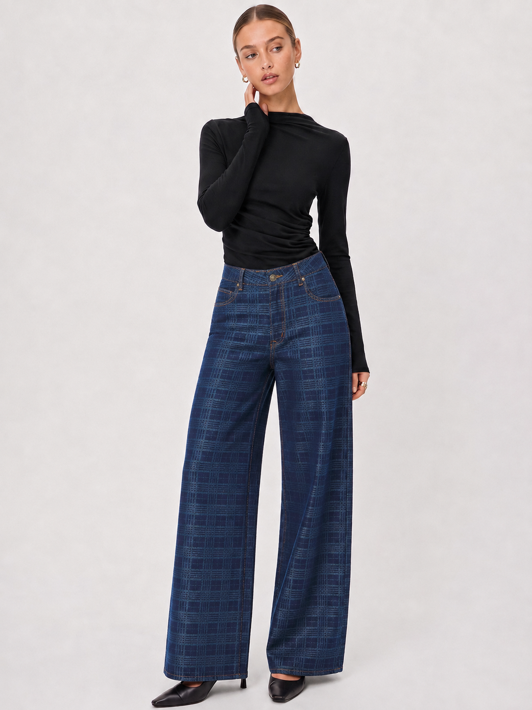Check Jacquard Tiro Alto Pierna Ancha Jeans