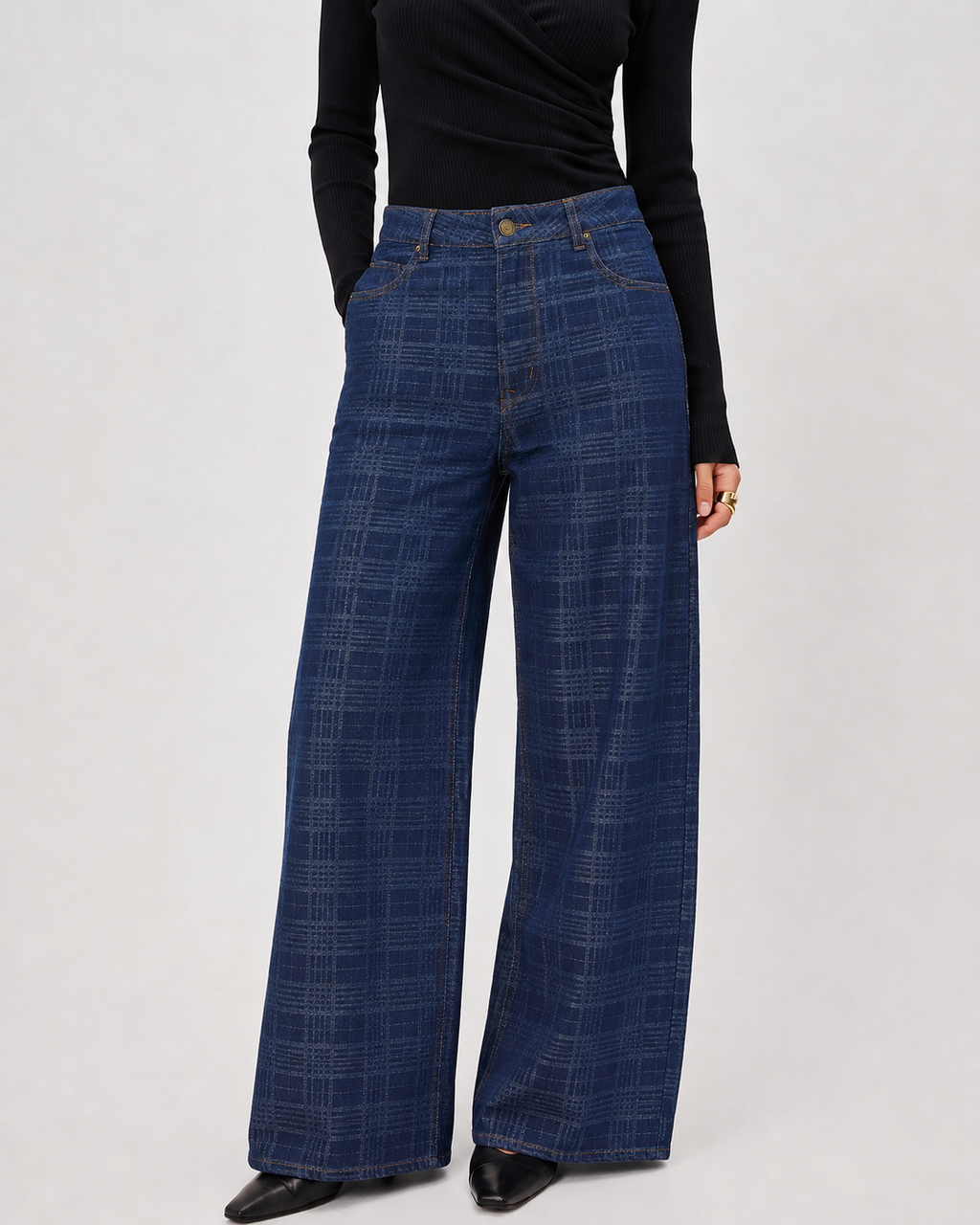 Check Jacquard Tiro Alto Pierna Ancha Jeans