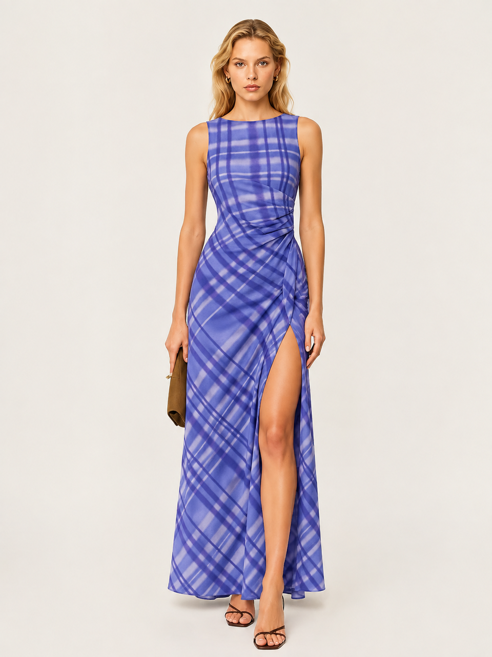 Cuadros Fruncido cintura High-Slit Vestido Largo