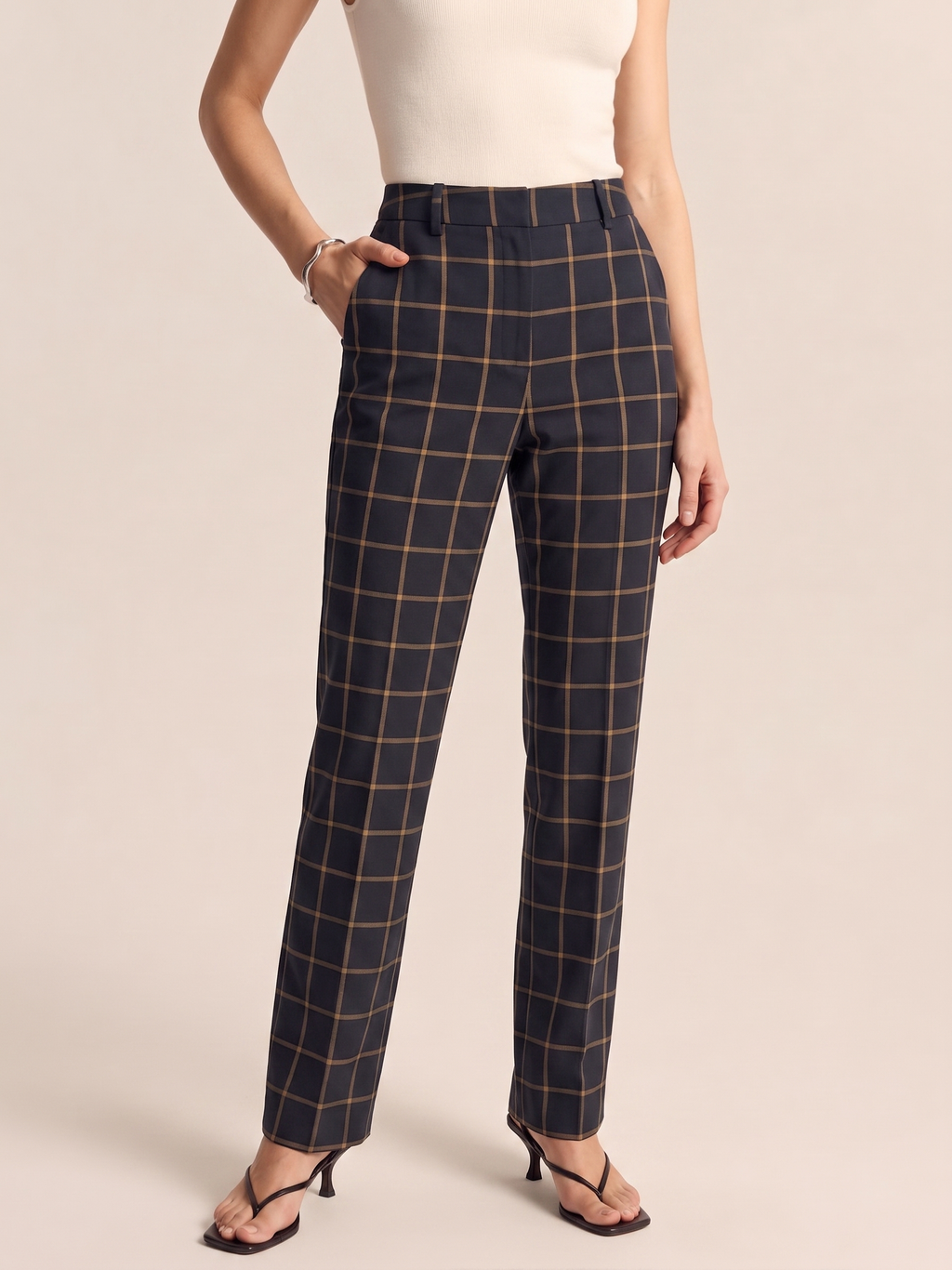 Tiro Alto Windowpane Check Cigarette Pantalón