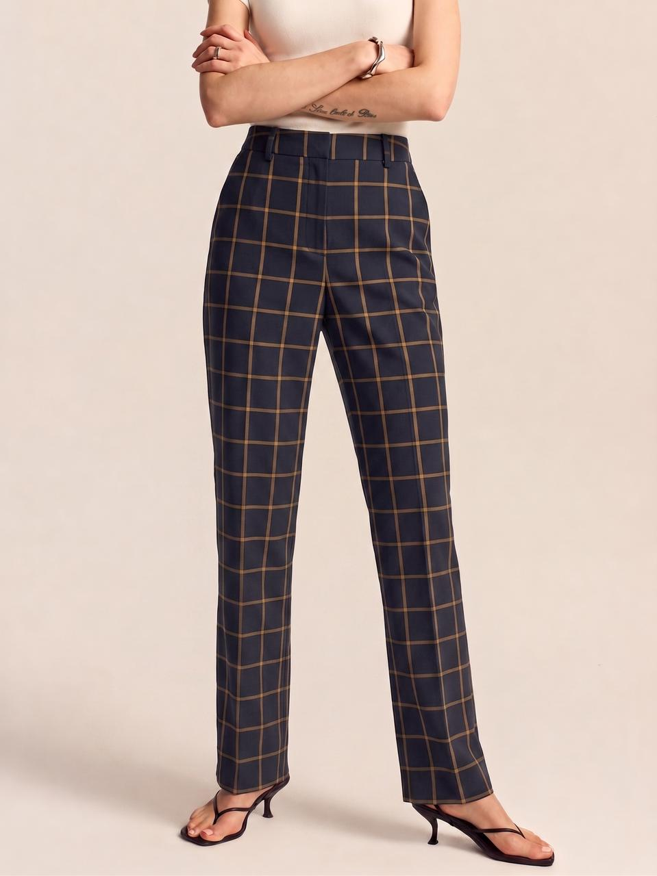 Tiro Alto Windowpane Check Cigarette Pantalón