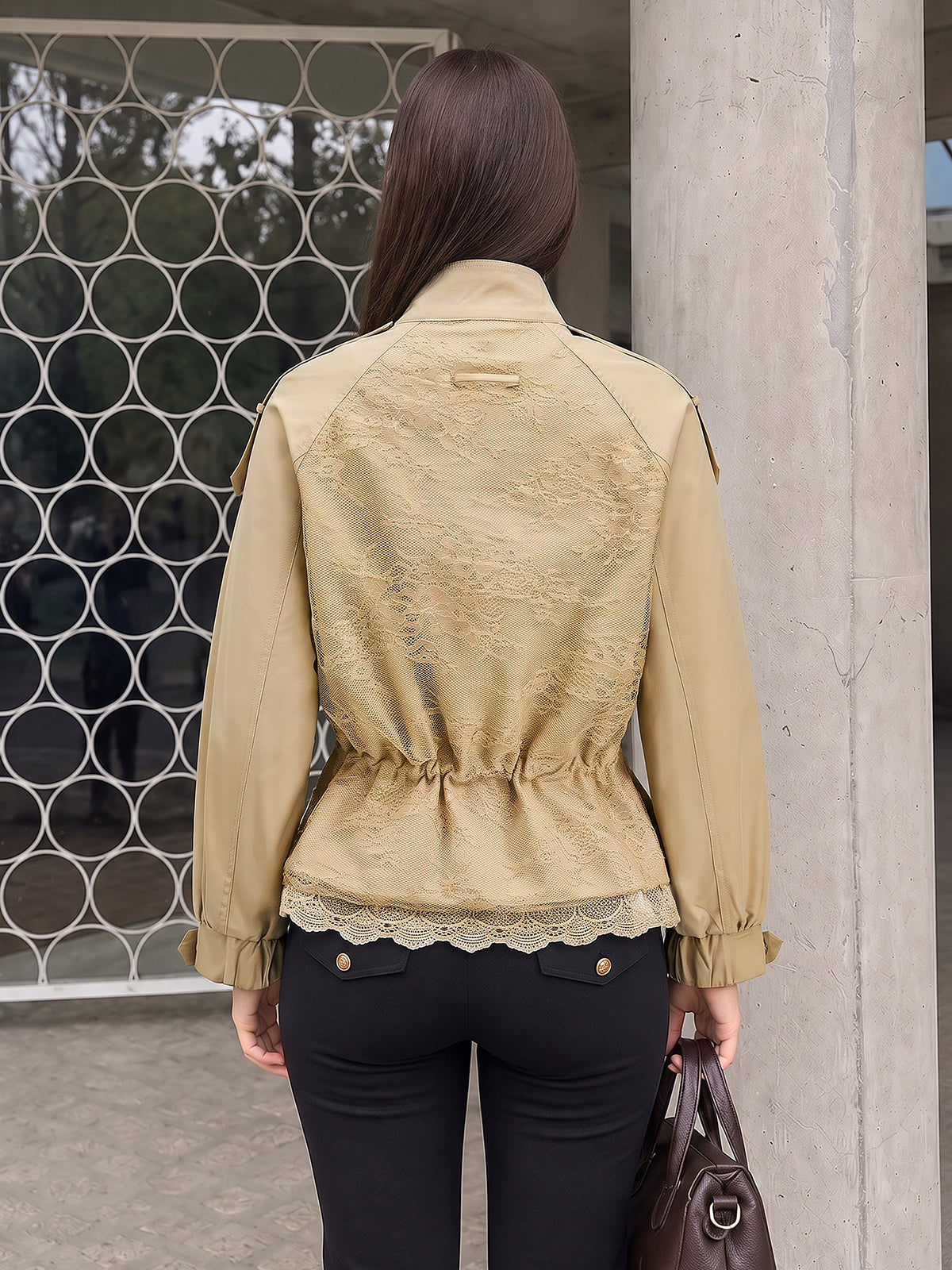 Encaje-espalda Drawstring cintura Gabardina Chaqueta