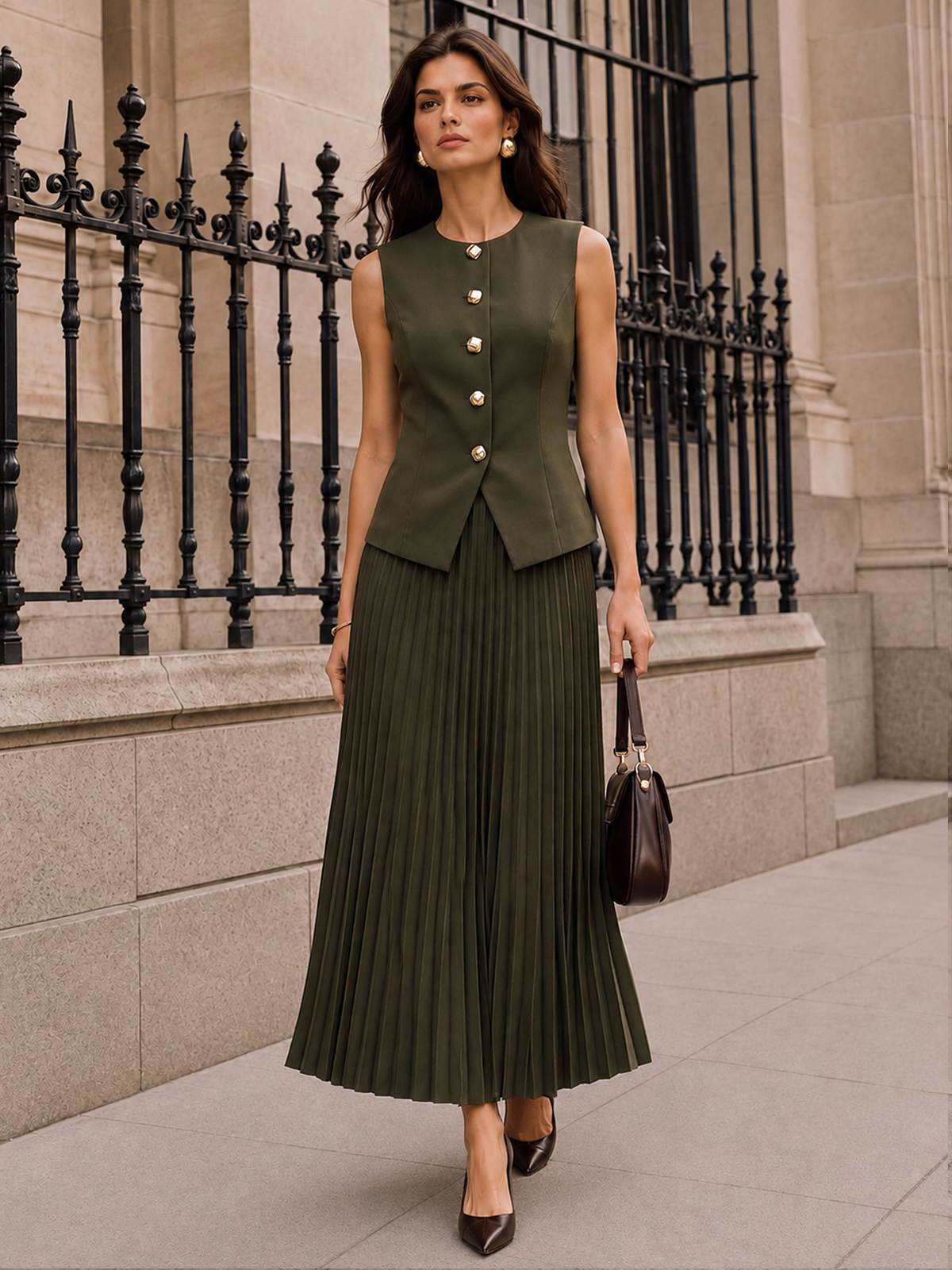 Botones Metálicos Chaleco Plisado midi Falda Set