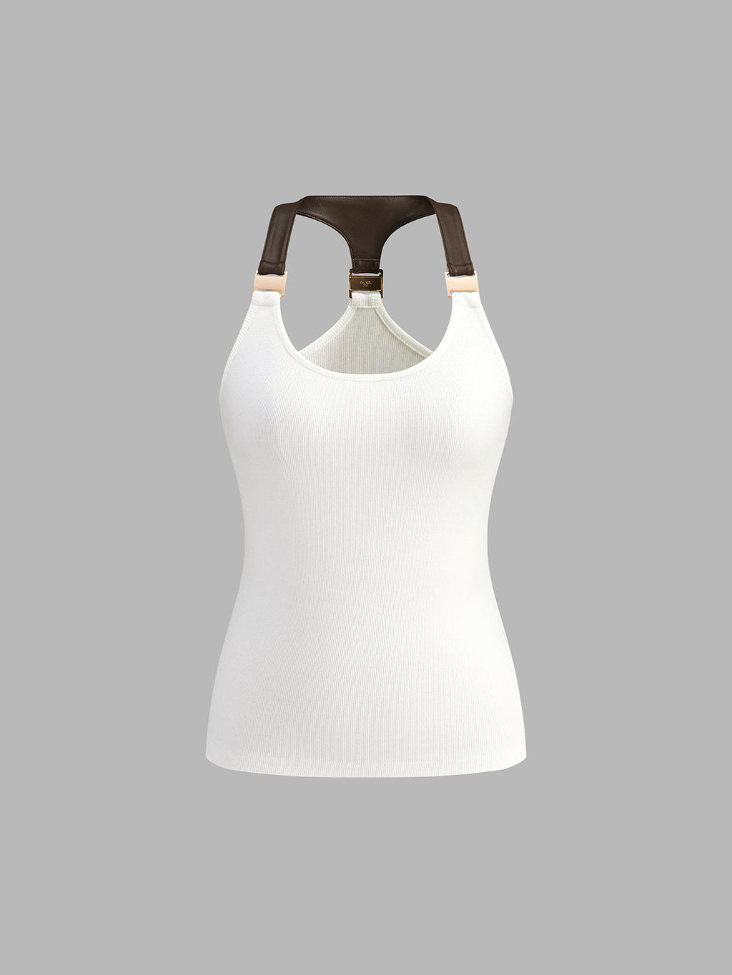 Faux-Leather Strap Ribbed Tank Top