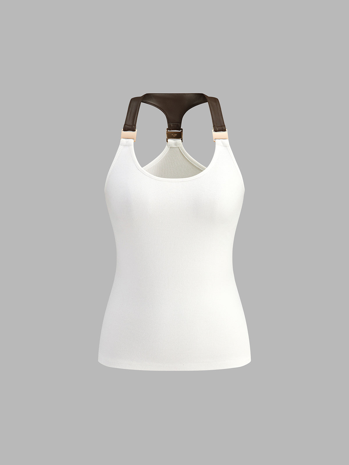 Faux-Leather Strap Ribbed Tank Top
