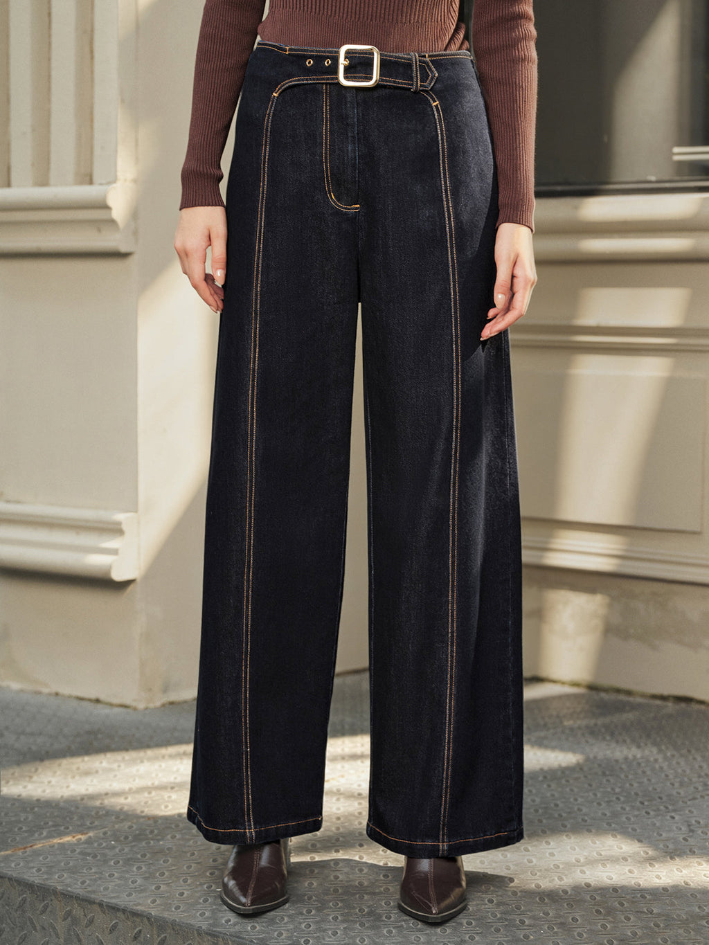 Contraste-Stitch Hebilla Detalle Pierna Ancha Jeans