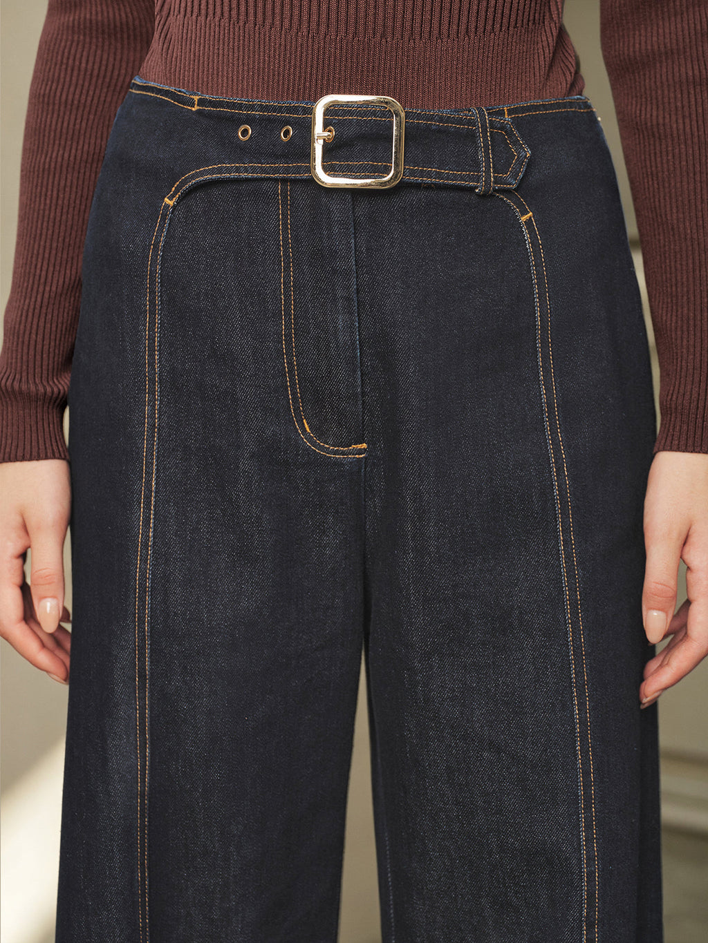 Contraste-Stitch Hebilla Detalle Pierna Ancha Jeans