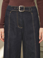 Contraste-Stitch Hebilla Detalle Pierna Ancha Jeans