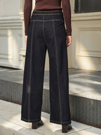 Contraste-Stitch Hebilla Detalle Pierna Ancha Jeans