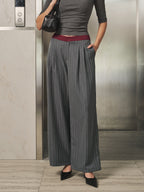 Contraste Waistband Pinstripe Pierna Ancha Pantalón