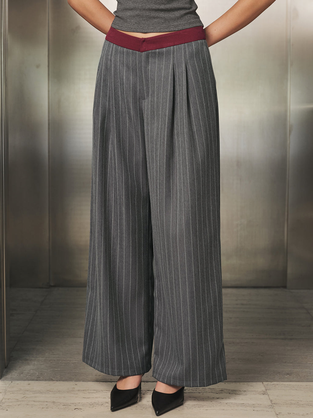 Contraste Waistband Pinstripe Pierna Ancha Pantalón