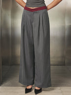 Contraste Waistband Pinstripe Pierna Ancha Pantalón