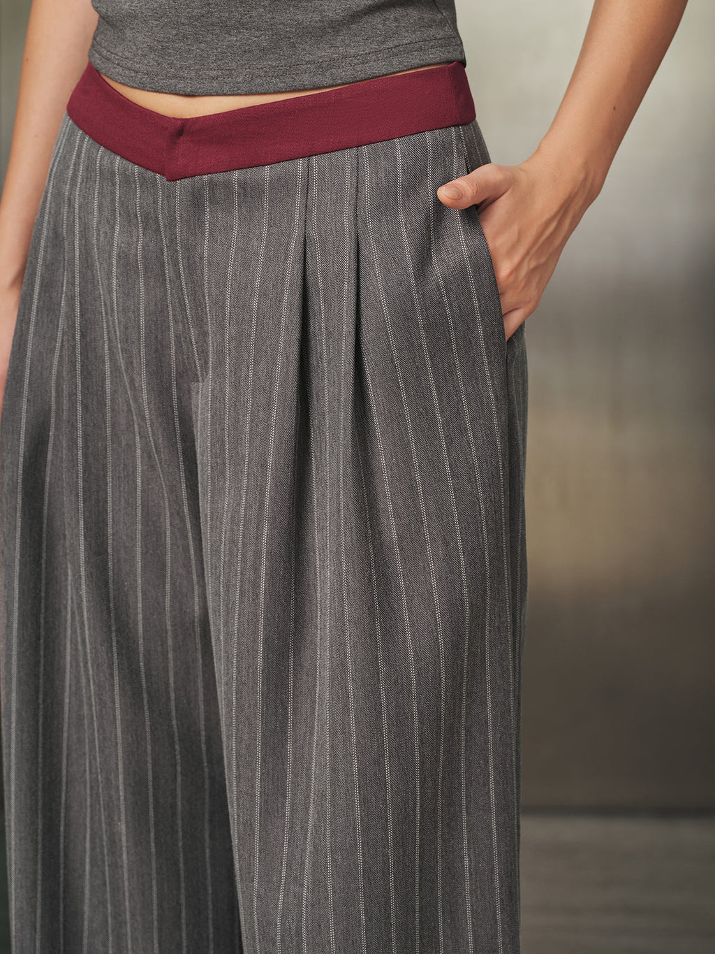 Contraste Waistband Pinstripe Pierna Ancha Pantalón