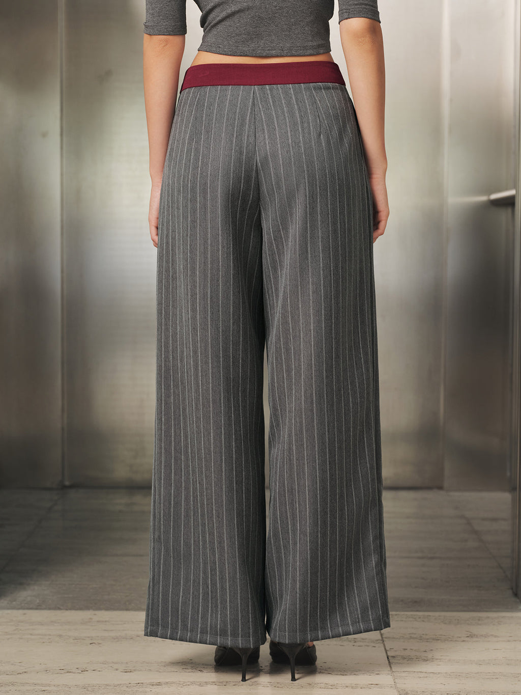 Contraste Waistband Pinstripe Pierna Ancha Pantalón