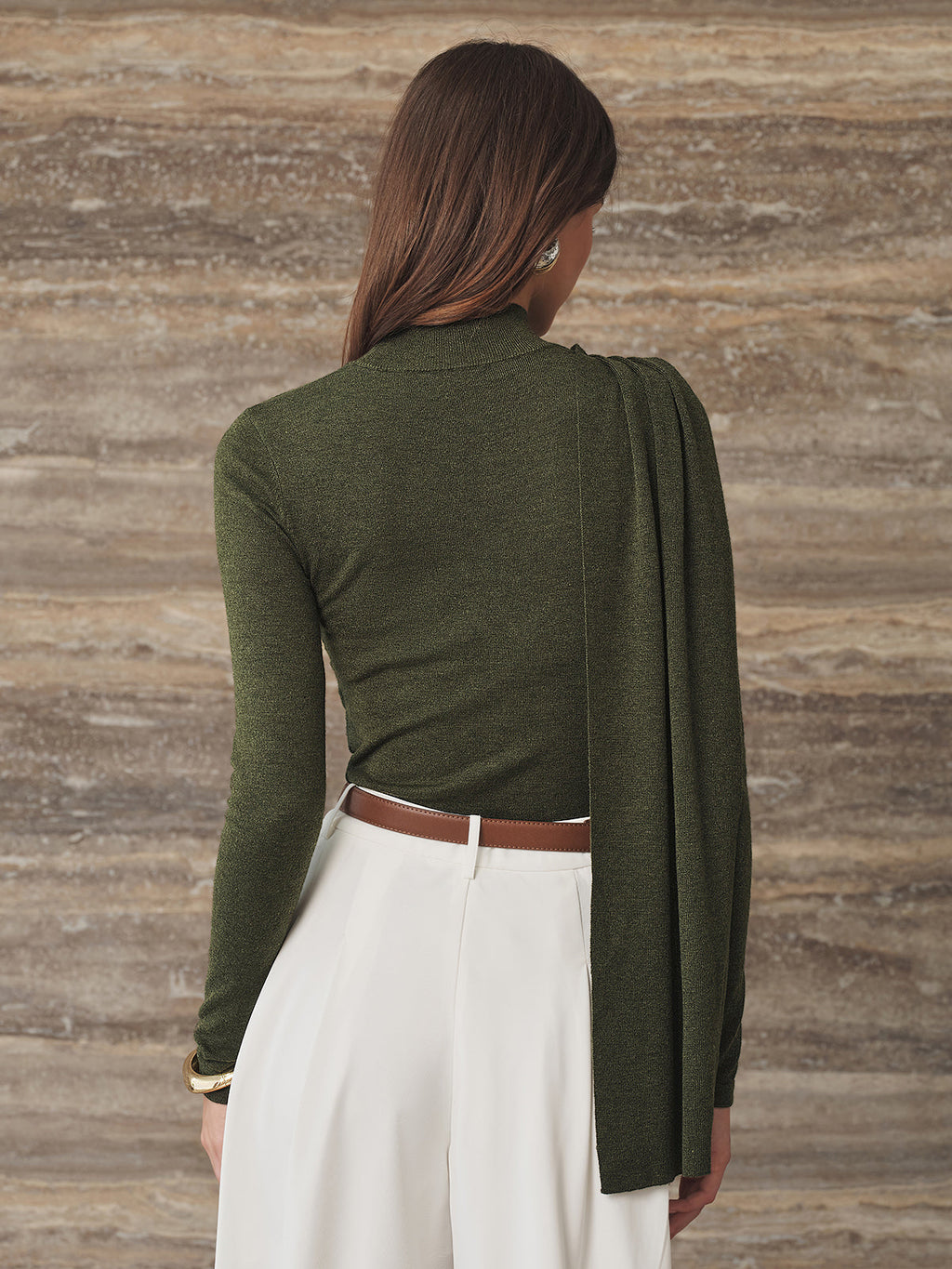 Drapeado Sash Detalle Cuello Alto Slim Punto Top