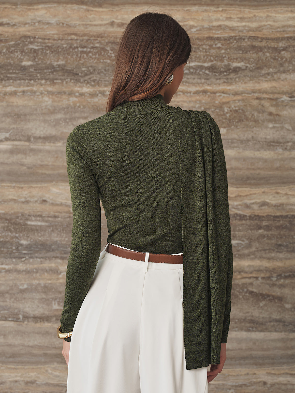 Drapeado Sash Detalle Cuello Alto Slim Punto Top