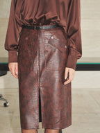 Croc-Embossed Faux-Leather frontal-Slit midi Falda without Belt