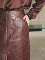 Croc-Embossed Faux-Leather frontal-Slit midi Falda without Belt